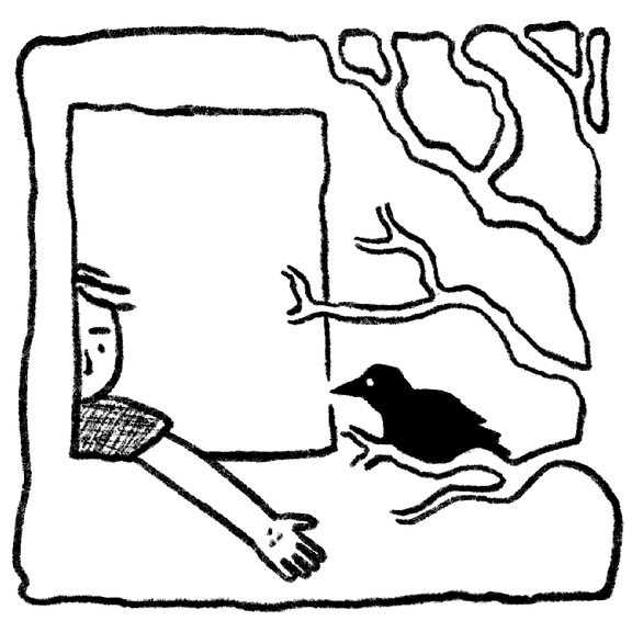 a drawing of antoni peeking round a frame, reaching toward a bird